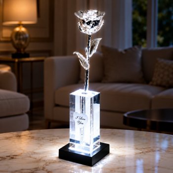 Illuminated 8" Platinum Rose in 6" Crystal Mini Rose Vase